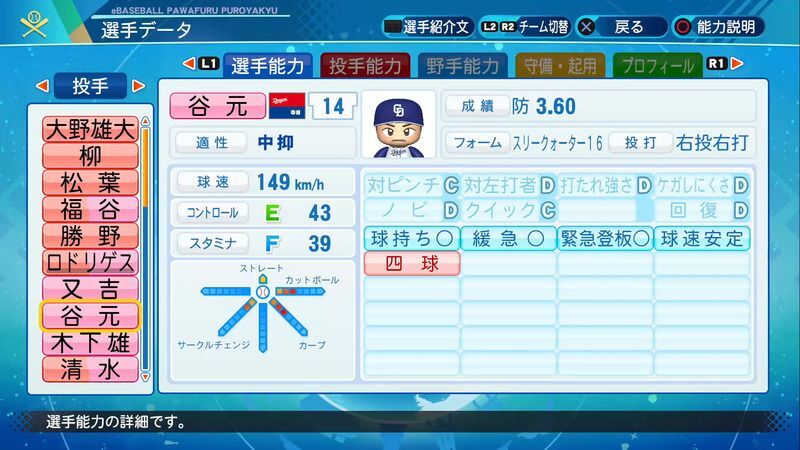 パワプロ21 谷元 圭介選手の能力