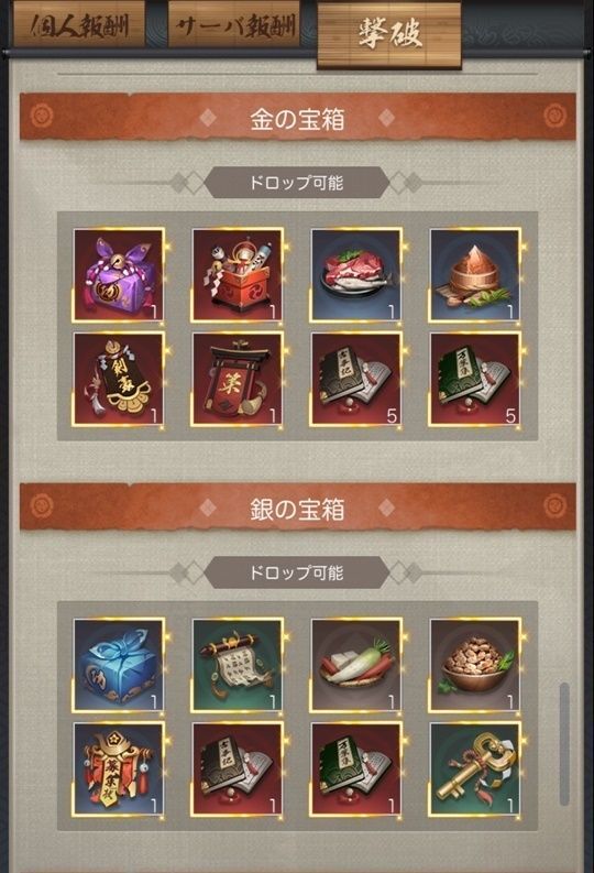 金宝箱、銀宝箱報酬