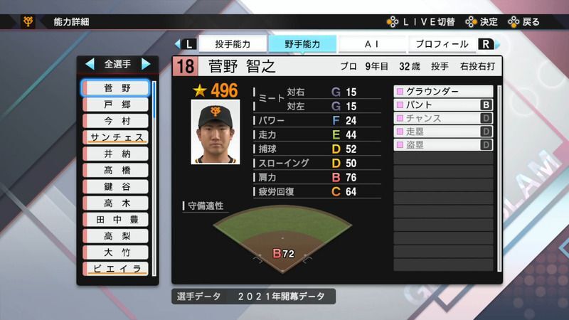 プロスピ21 菅野 智之選手の能力 プロスピ21攻略 Gamerch