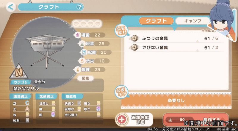 消費素材と追加性能を確認する