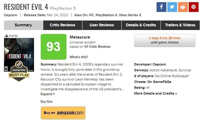 バイオ4リメイクのメタスコア