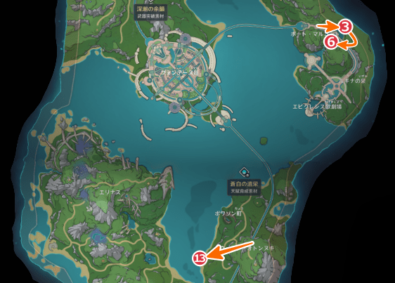 プリュイロータスの入手場所（全体マップ）