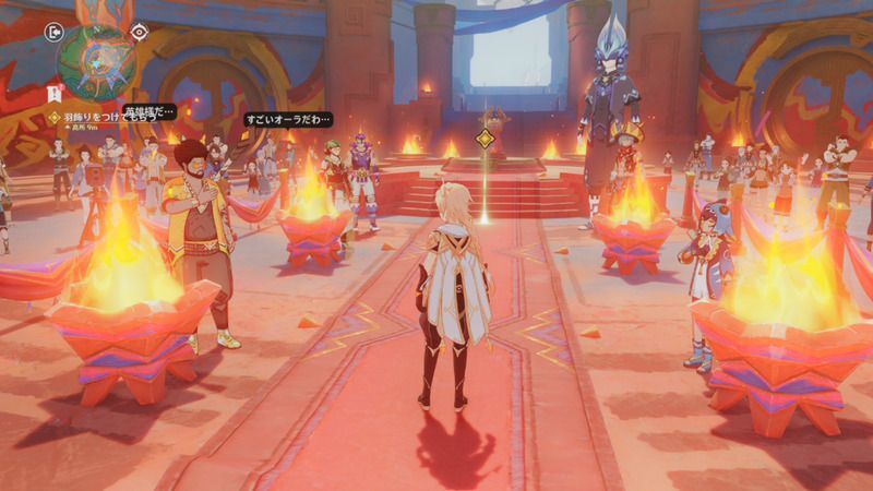 羽飾りをつけてもらう