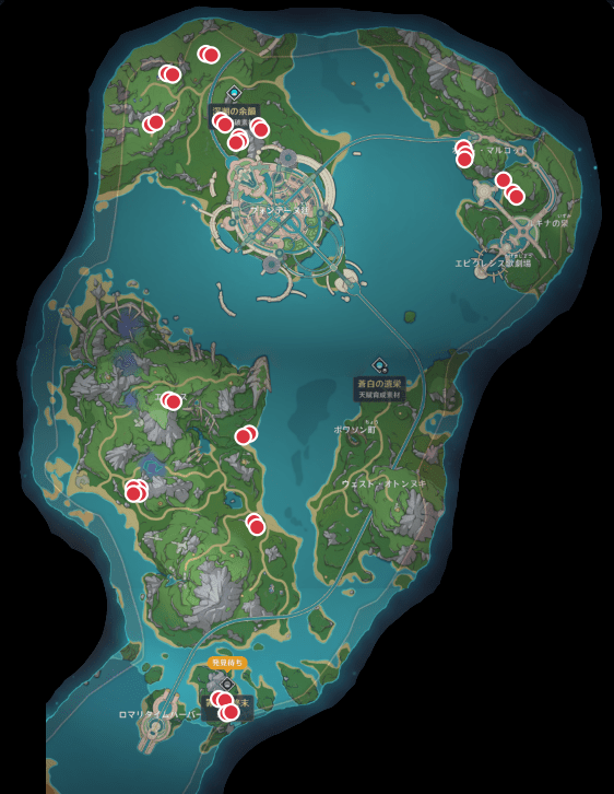 萃凝晶の入手場所(全体マップ)