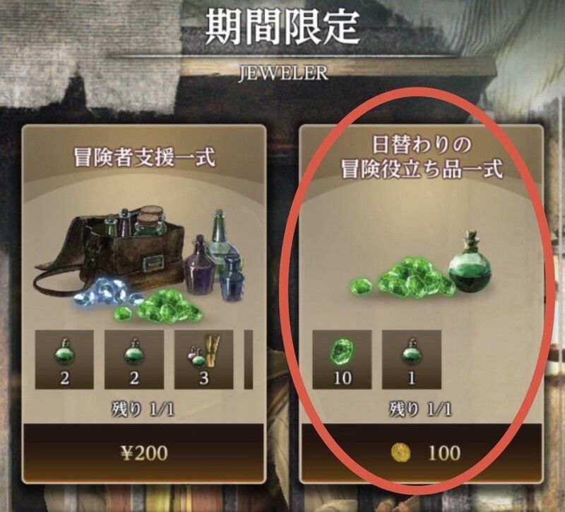 日替わりの冒険役立ち品一式