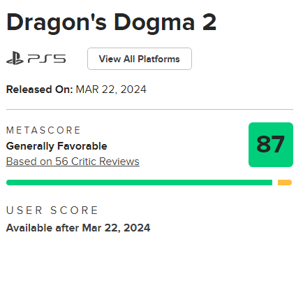 ドラゴンズドグマ2のメタスコア