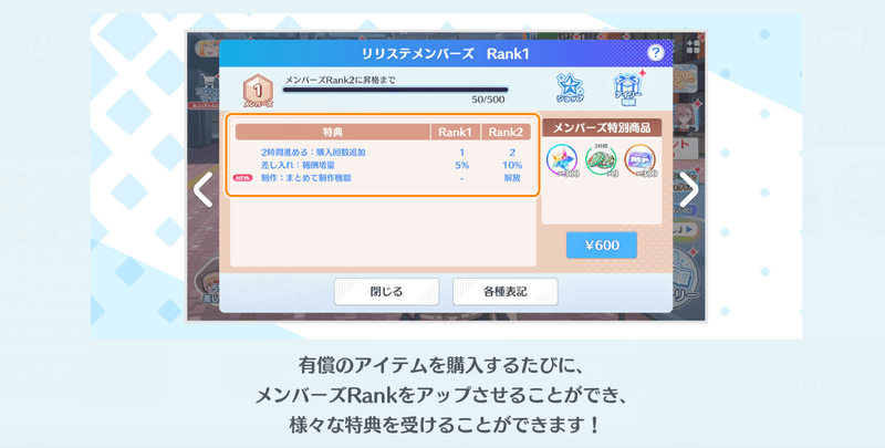 課金額に応じて特典が解放される