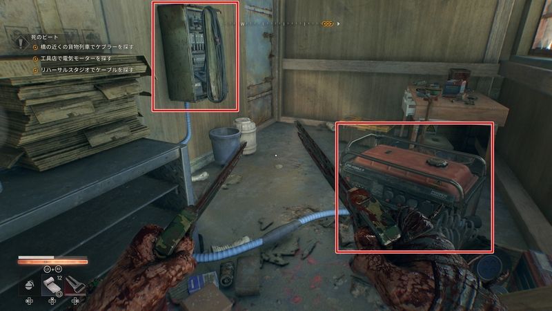 小屋内の発電機を起動してケーブルを引く