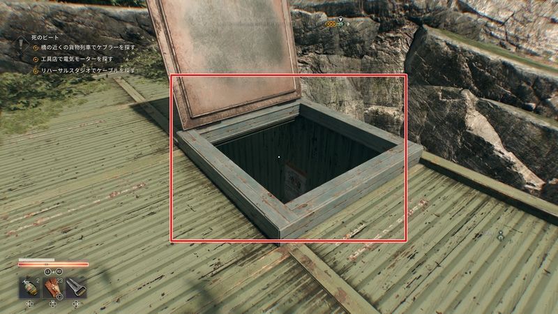 屋根の入り口から小屋に入る