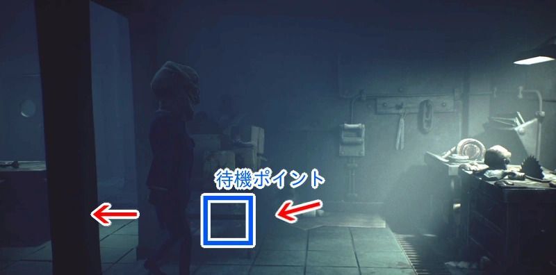 台の下に隠れ、敵が来たら台下の穴から解体場へ