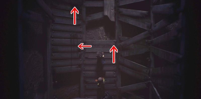 縦穴の部屋で木の板の壁を伝って登る