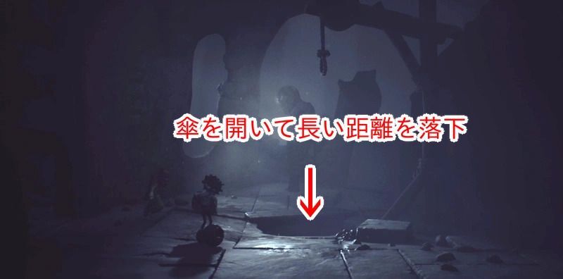 ひたすら右へ進み、穴のある部屋で傘を開いて落下