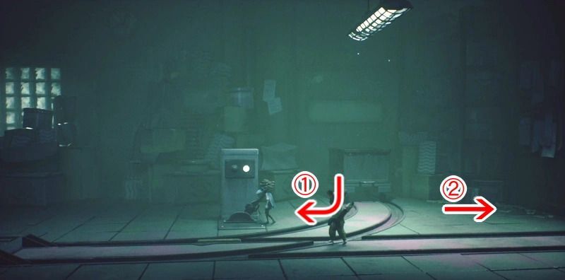 隣の部屋でレバー調整しながらトロッコを右壁に移動