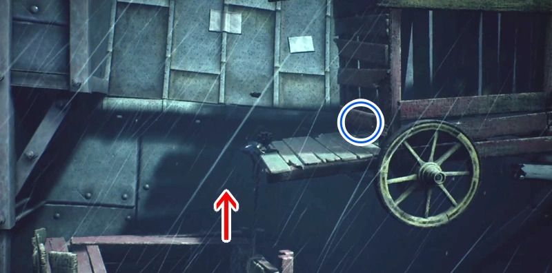 パイプから木板を登り、木輪車の木の板を外す