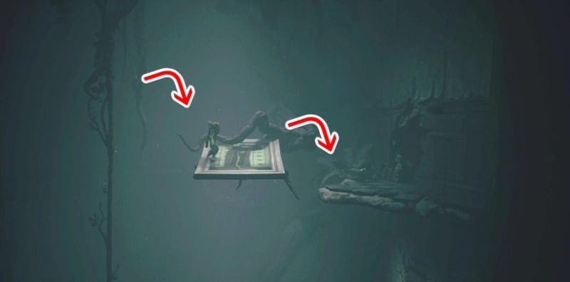 ツタの天辺から足場を渡って、右の壁穴へ