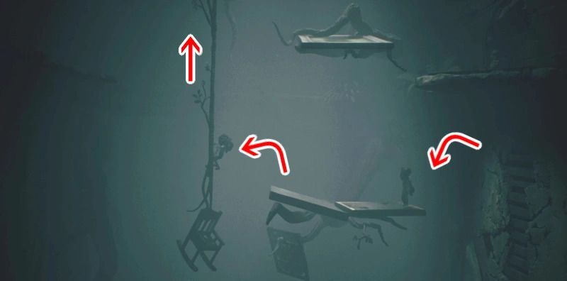 つかみジャンプではしご→左足場→ツタへ渡る