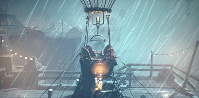 上半身の敵が燃え落ち、気球が飛び立つ