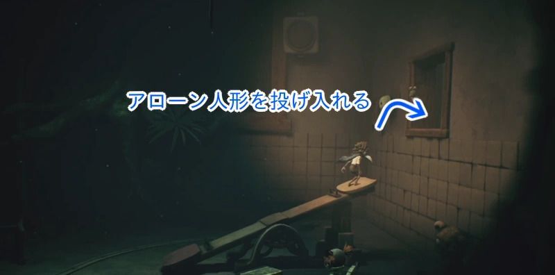 シーソーから窓へ人形を投げる