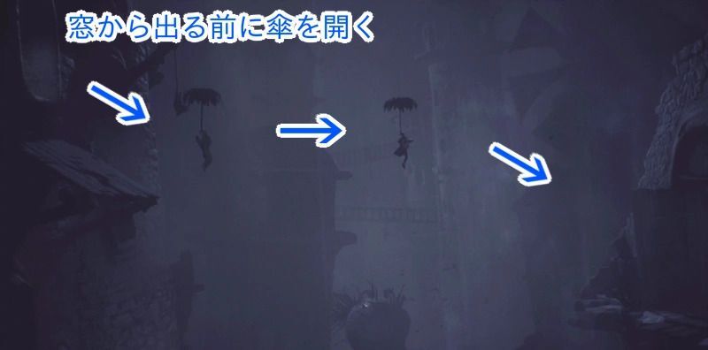 傘を開いて窓外に出たら風の気流に乗って進む