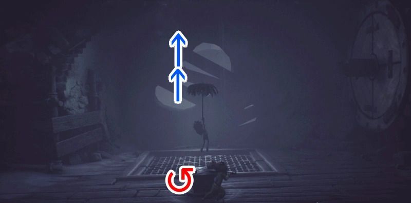 部屋の円台をスパナで回し床を開き、風に乗って上へ