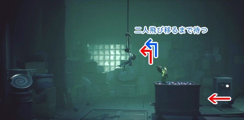 左端までトロッコを運び、吊り下げレバーに飛び乗る