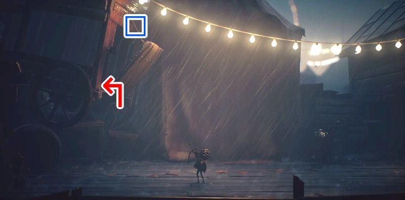 荷車のロープを弓で狙撃して登り抜ける