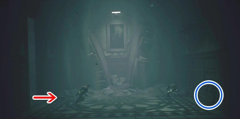 隣の部屋にあるフラップ扉から廊下に出る