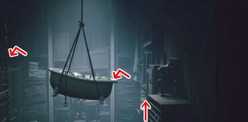 右壁の棚を登り、バスタブ→鎖へ飛び移る