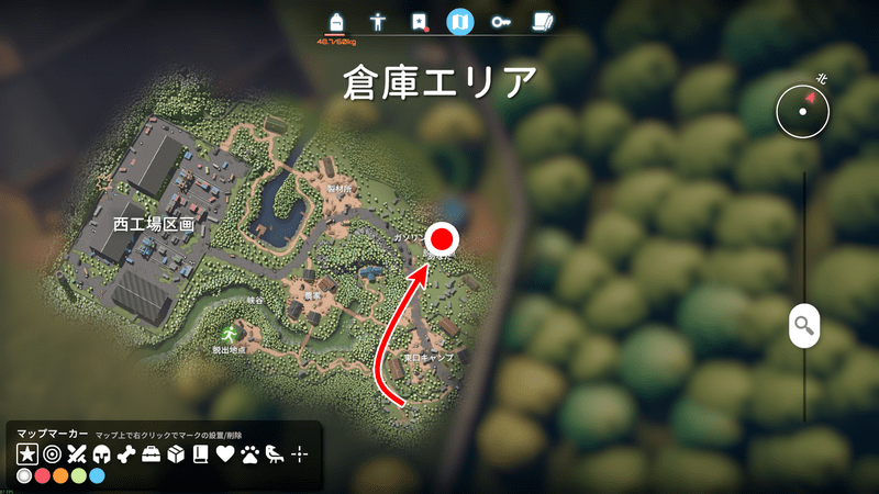 倉庫エリアのビーコンの場所