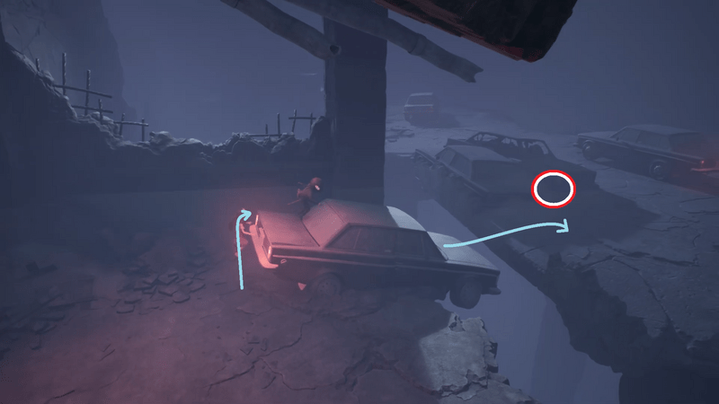 車を伝って対岸にジャンプ