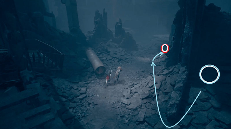 瓦礫から道なりに進んで、すぐ右端の壁に隠れる