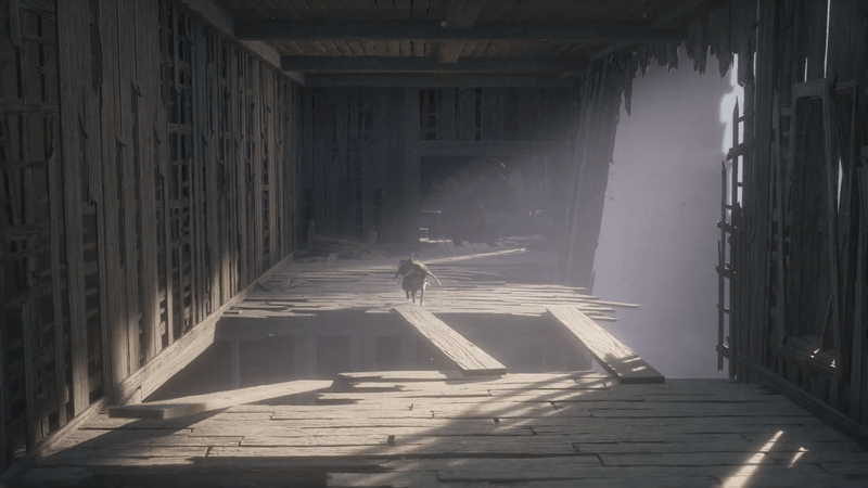 木の板を渡って進む