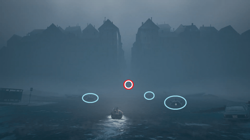 機雷を処理しつつ、街水路にボートを進める