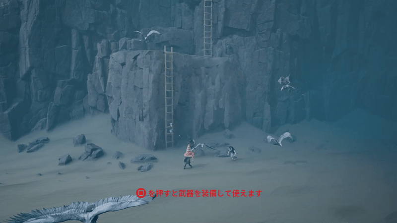 襲いかかる多数の海鳥をバールで叩き落とす