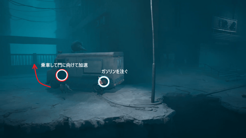 ガソリンを注いで乗車し北門に向けて発進