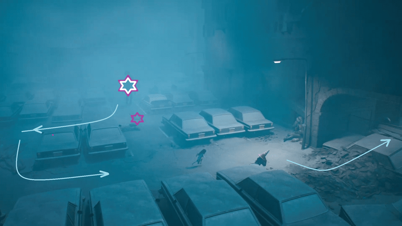 右下側の車を足場にフェンスを乗り越える