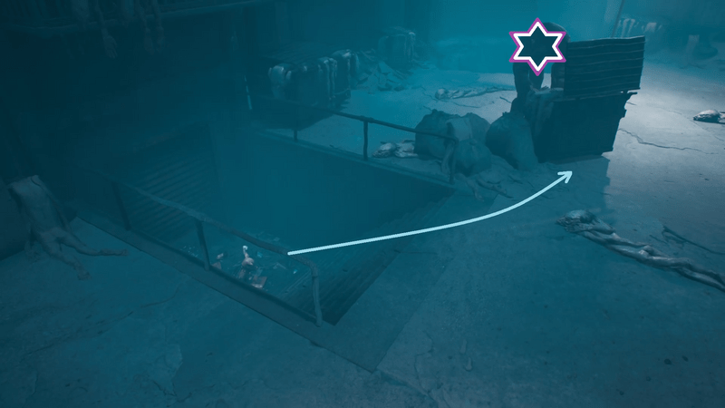 しゃがみ移動で階段上へ