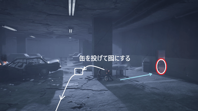柱から左方向に缶を投げて囮にする
