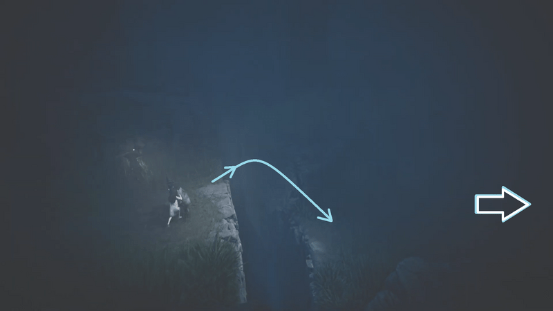 線路沿いから右手の道の崖を飛び越える