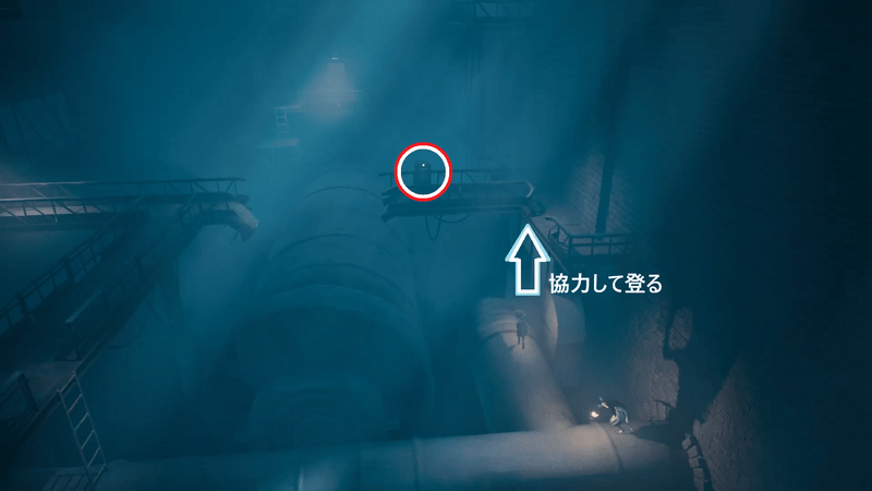 協力して壁を登り、レバーを相棒に引いてもらう