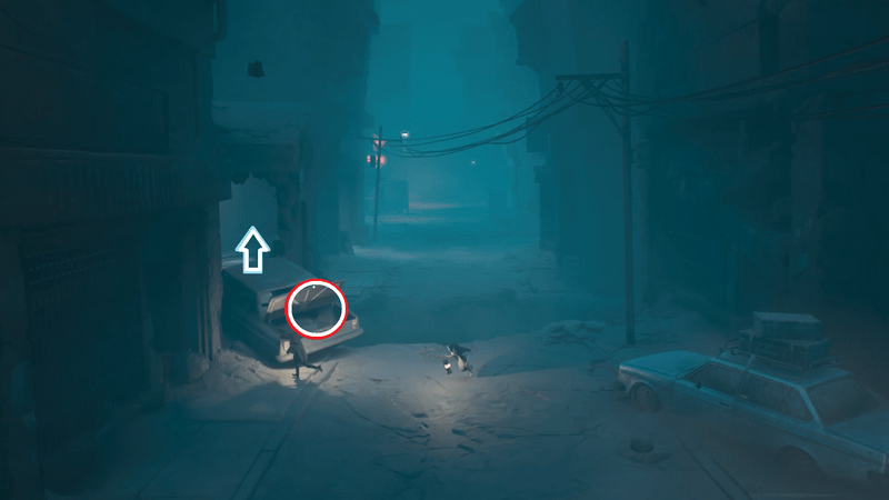 車のトランクを足場にして横の道から先へ