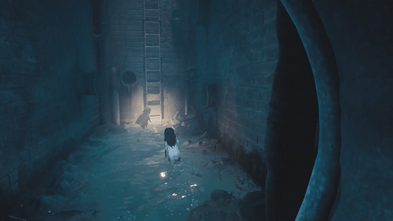 ハシゴを登って下水道から上がる