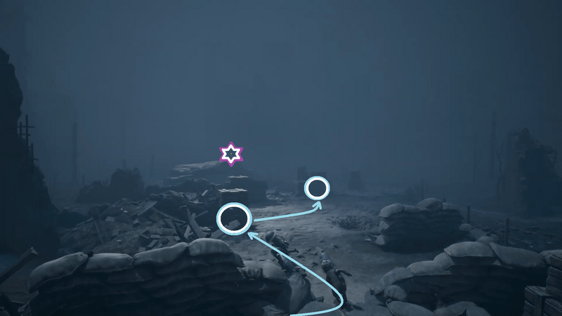 土のうから箱をバリケードに進む