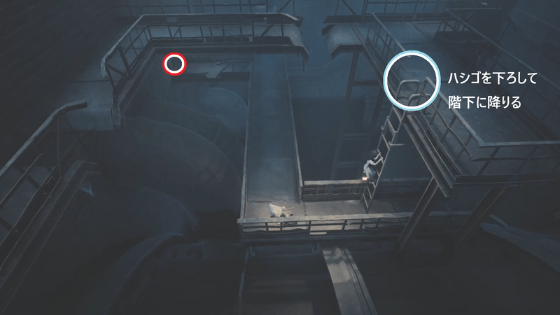 回廊の途中のハシゴを下ろす