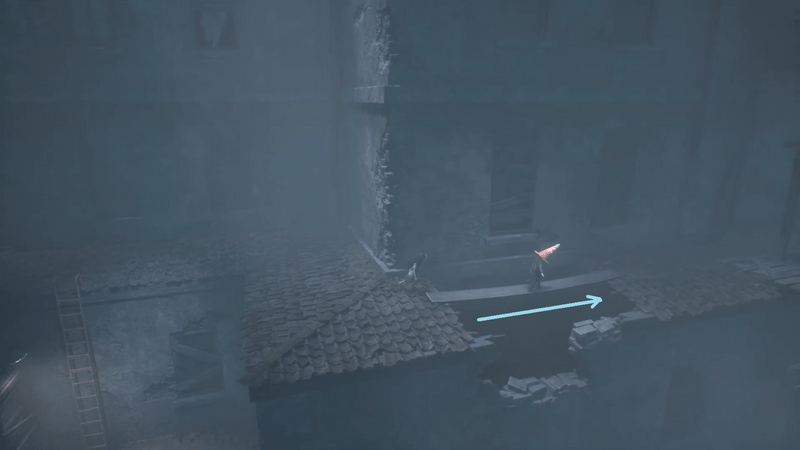 屋根上の右側にある木の板を渡る