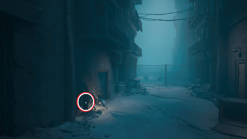 ドアの手前にある亀裂から建物内へ