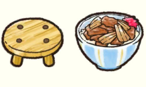 木のイス、牛丼