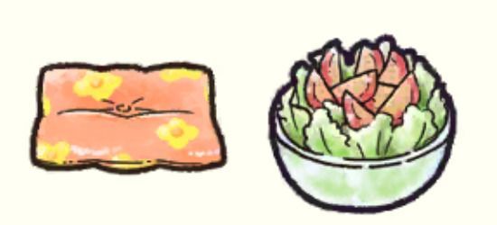 花柄ざぶとん、トマトサラダ