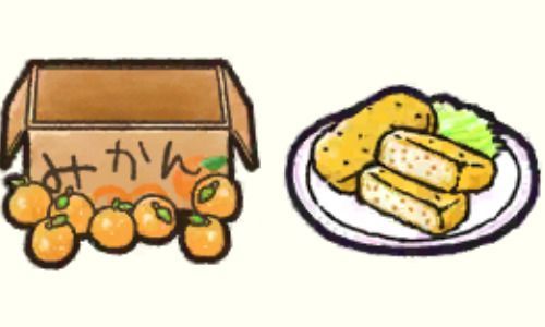 みかん箱、コロッケ