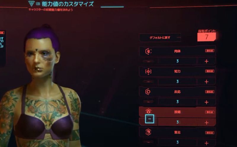 序盤の能力割り振り画面